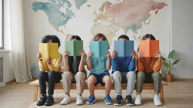 Children discovering knowledge through colorful books, representing education, literacy, global learning, imagination, creativity, reading development, cultural diversity, school life, and future succ
