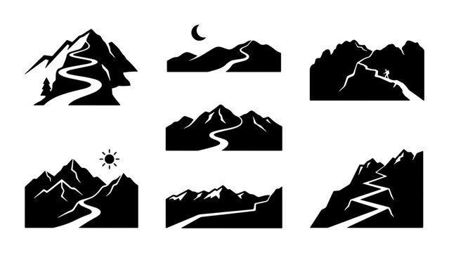 Mountain range silhouettes set with winding roads, hiker and sun for travel and adventure logos