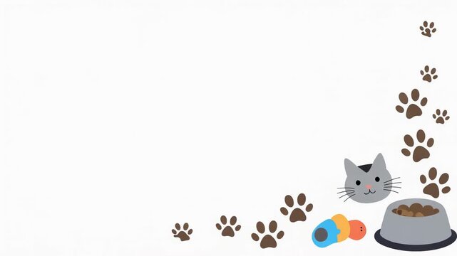 Modern Flat Vector Playful Cat with Toy Mouse Food Bowl and Paw Prints