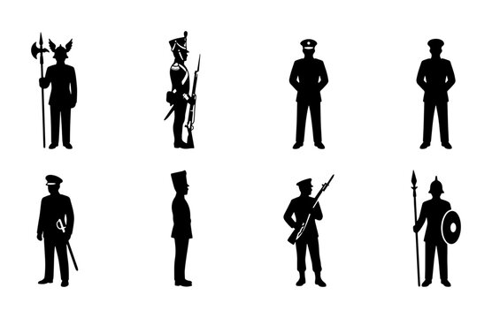 Historical soldiers silhouettes set with guards, riflemen and spearmen for historical design