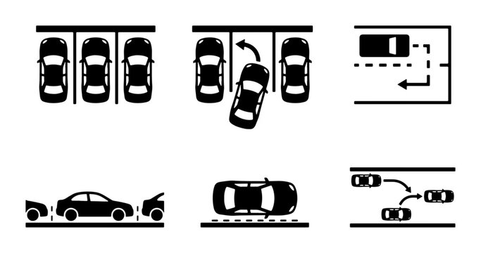 Car parking and driving maneuvers silhouette icons for app