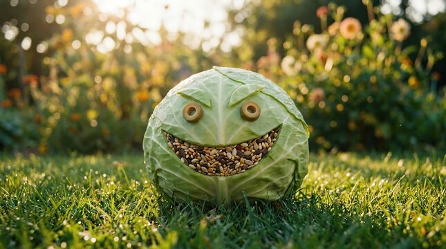 Funny Cabbage Character with Seed Mouth and Olive Eyes in Garden