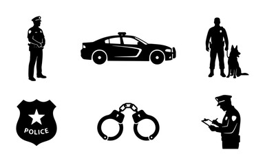 Police silhouettes set with officer, K9 dog, patrol car, badge and handcuffs for law enforcement © Mithi