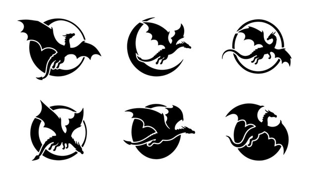 Dragon silhouettes set with wings and crescent moon for folklore and fantasy logos