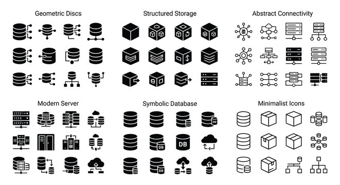Collection of flat vector database icons and related digital symbols on a white background