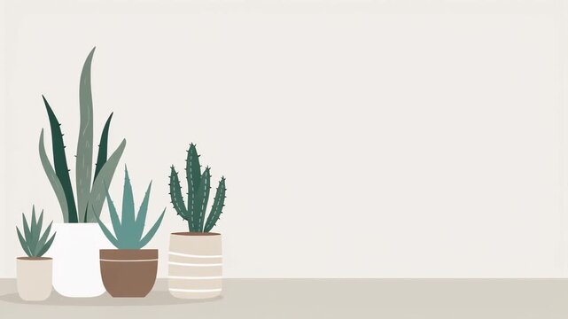 Modern Flat Vector Ceramic Pots with Snake Plants Aloe Vera and Cactus