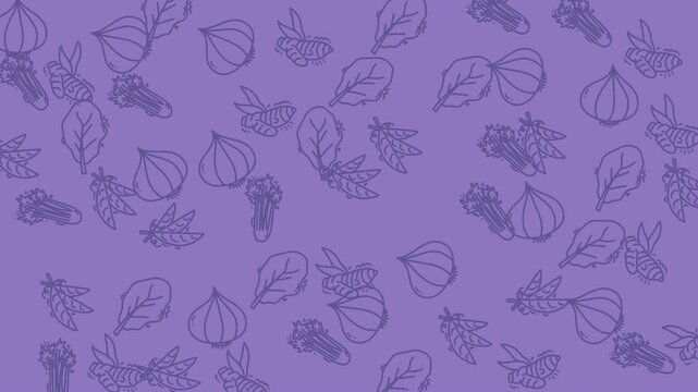 Seamless pattern featuring hand drawn sketches of onions and herbs on a purple background.