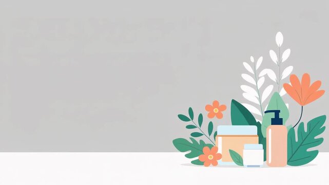 Modern Flat Vector Cosmetic Jars Lotion Bottles and Botanical Leaves