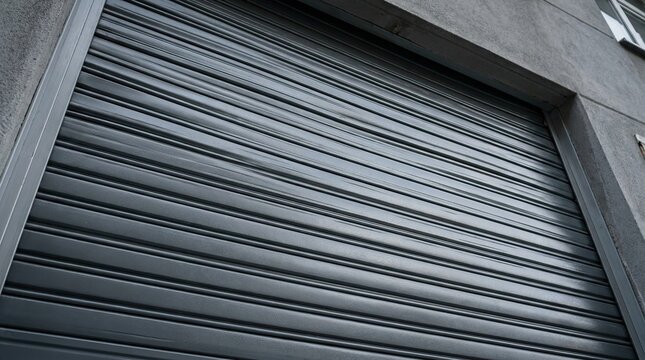 Close up of a closed dark gray metal security roller shutter door on a building exterior