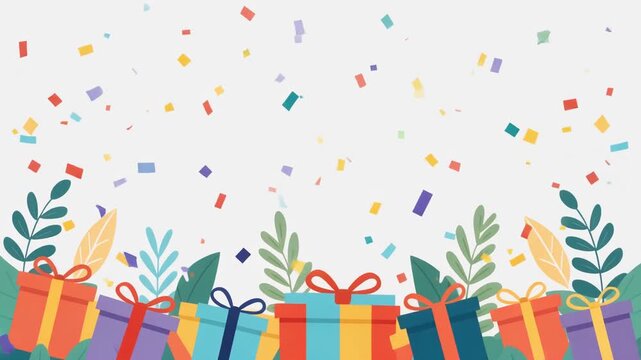 Modern Flat Vector Colorful Wrapped Presents with Ribbon Bows and Confetti
