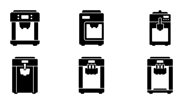 Frozen yogurt maker silhouettes set with soft serve machines for dessert and cafe logos