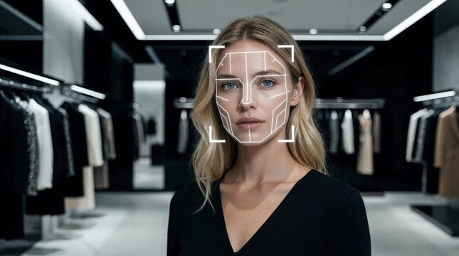 Confident young woman stands in luxury clothing store with digital facial recognition interface overlay. Modern biometric security tech scans face for identity verification. Futuristic AI system