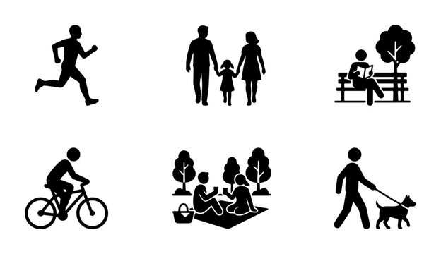 Park activity silhouettes set with running man, family walking, person reading on bench, cycling, picnic and dog walking for lifestyle icons