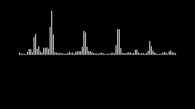 minimalist white line audio wave visualization, on black background sound waveform spectrum animation, Spectrum lines are rising towards the top. for podcast audio frequency rhythm meter 4k loop