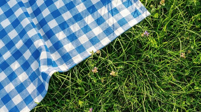 Blue and white checkered picnic blanket on green grass with small flowers
