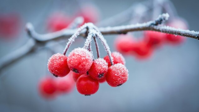 Close-up of bright red berries covered in frost and ice on a branch. Winter season and cold weather beauty.