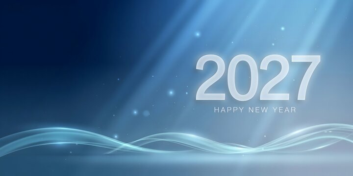 Happy New Year 2027 contemporary holiday banner featuring bright outlined numerals blue lighting effects and dark backdrop symbolizing celebration optimism prosperity and renewal