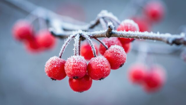 Close-up of bright red berries covered in frost and ice on a branch. Winter season and cold weather beauty.