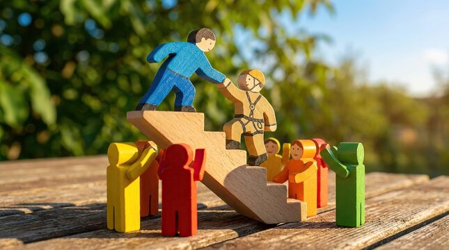 Wooden figures helping each other climb stairs symbolizing teamwork and support