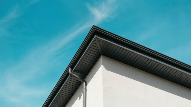 Close-up of house corner with fascia and rain gutter against a bright blue sky. Roofing and exterior construction.
