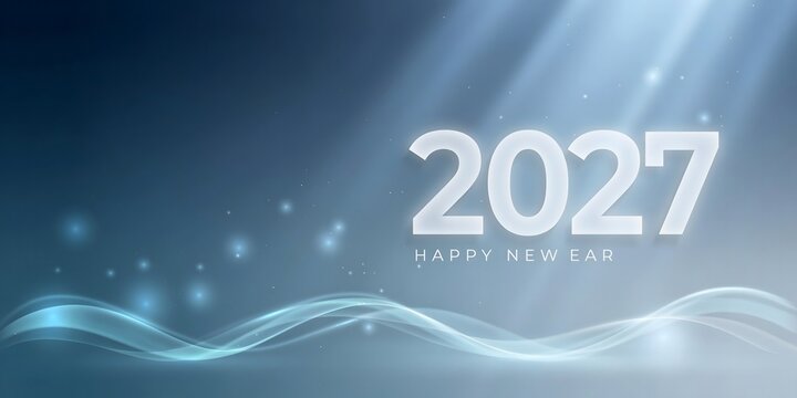 Happy New Year 2027 contemporary holiday banner featuring bright outlined numerals blue lighting effects and dark backdrop symbolizing celebration optimism prosperity and renewal