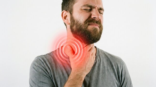 Man with sore throat holding his neck with red pain indicators