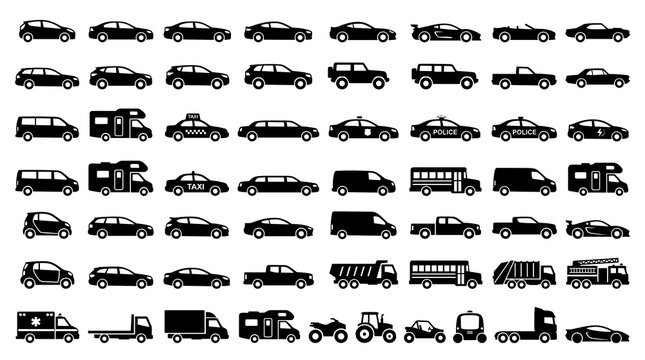 50 Automotive Vehicle Silhouette Icons Featuring Modern Cars SUVs Trucks Vans Sports Cars Classic Automobiles and Transportation Profiles