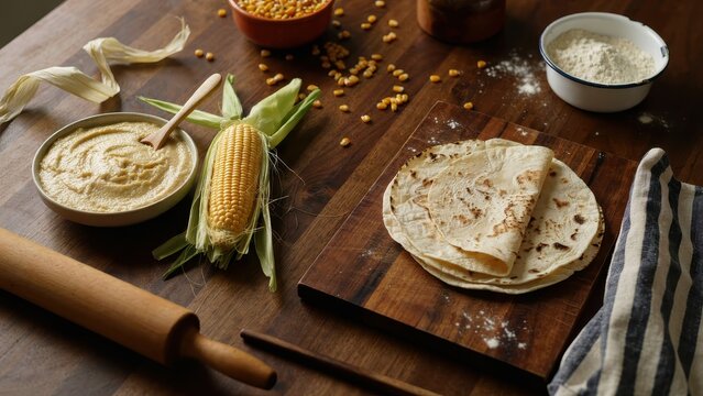 Corn tortillas and fresh ingredients on a wooden table. Traditional Mexican food for culinary blog content.