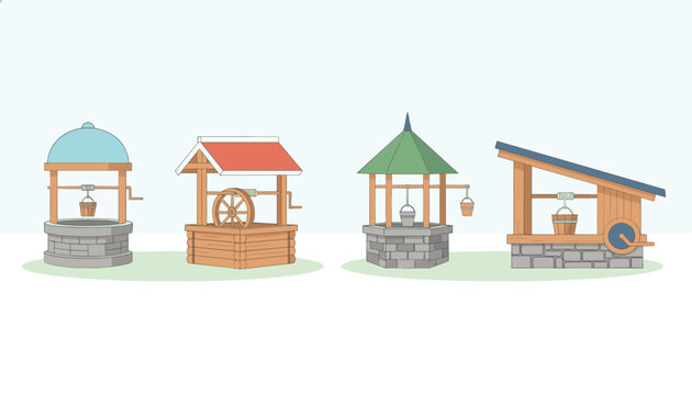 Collection of four different traditional water well designs made of stone and wood with various roof shapes and buckets.