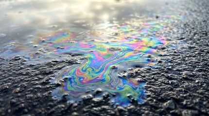 Fototapeta premium Iridescent Oil Slick on Asphalt Reflecting Sky Colors