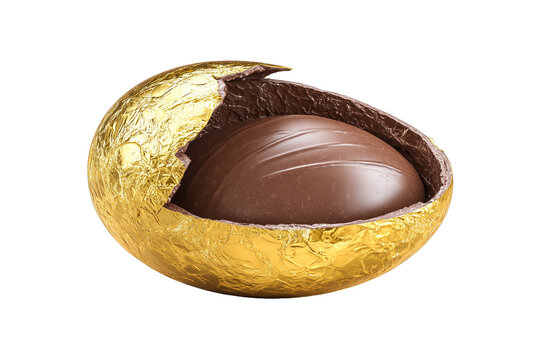 Chocolate truffle ball inside a cracked golden egg shell with chocolate cand isolated on white background, Clipping Path, png