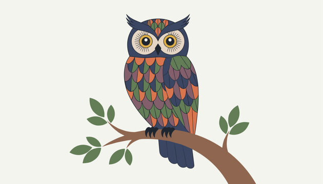 Wise owl with colorful feathers perched calmly on a tree branch with green leaves against a light neutral background.