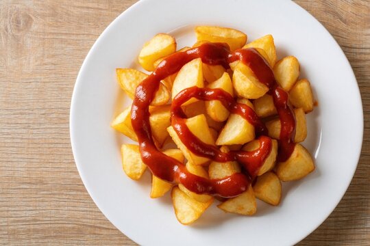 Top view of delicious patatas bravas on white plate. Fried potato wedges with spicy red sauce served on wooden table. Traditional Spanish tapas snack appetizer in local bar. Tasty homemade potato