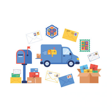 World Post Day Concept with Mail Truck Envelopes and Mailbox
