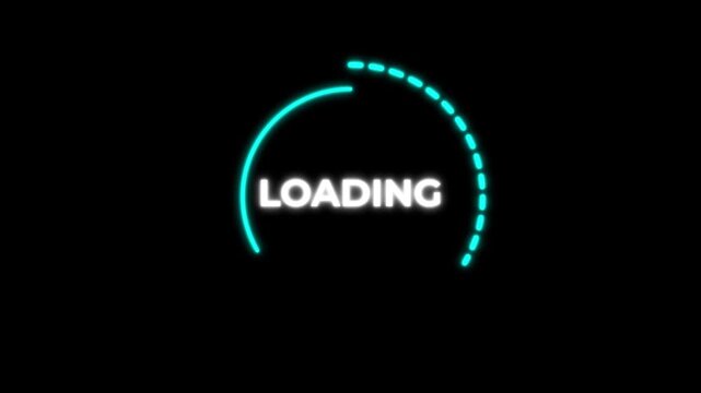 Glowing Loading Animation with White Text and Cyan Circular Progress Bar on Black Background, Digital User Interface Status Indicator for Video Games and Websites.