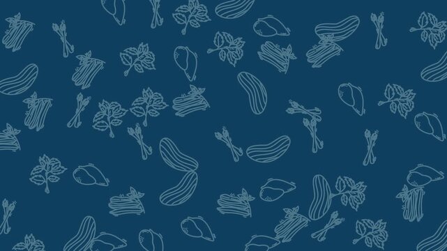 Seamless pattern with hand drawn outline illustrations of various food items on blue background.