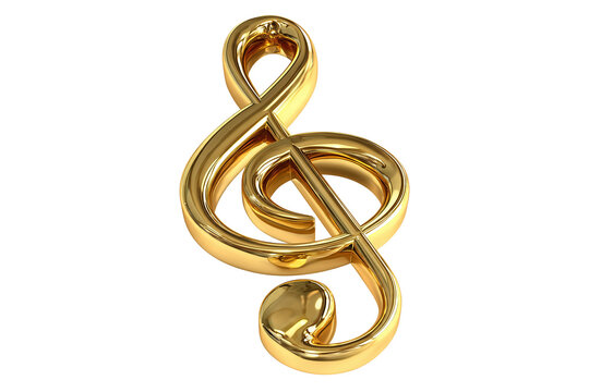 Golden treble clef symbol made of metal with musical note gold object music notation classical music isolated on white background, Clipping Path, png