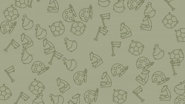 Seamless pattern featuring hand drawn school and education icons on a muted green background.