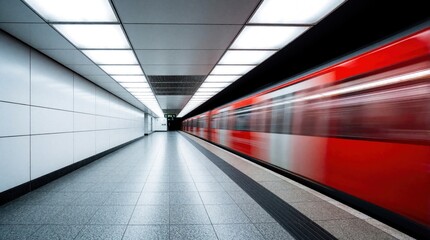 Fototapeta premium Fast red subway train speeds through empty underground station. Motion blur effect shows rapid transit movement on city platform. Modern metro locomotive travels along railway track in urban tunnel.