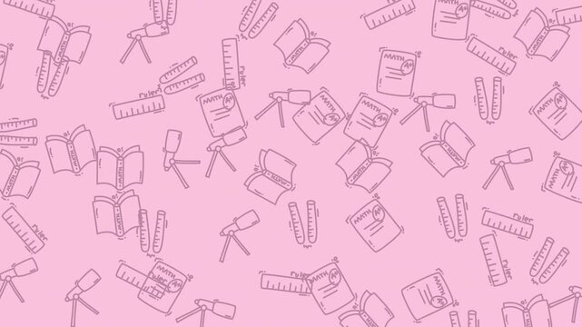 Seamless pattern with hand drawn school and education supplies on pink background.