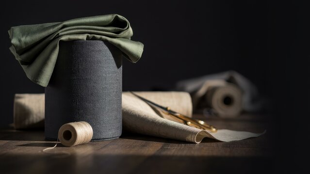 Fabric rolls, thread, and shears rest on a wooden table under soft light. Tailoring concept for fashion design.
