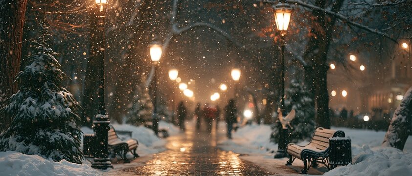 Snowy Night in the Park: Street Lamps, Benches, and Snowfall
