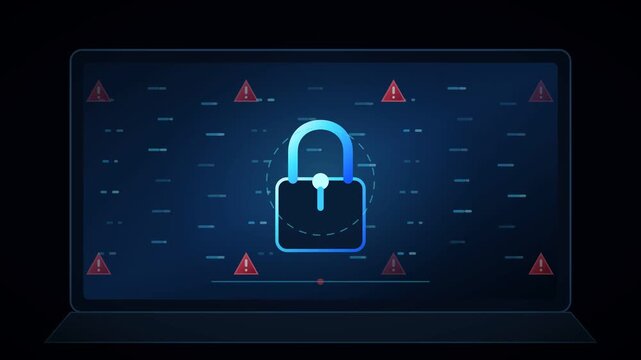 A glowing digital padlock icon on a computer screen surrounded by binary code and red warning alerts, dark background
