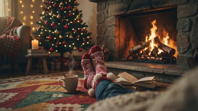 Feet in cozy winter socks by a warm fireplace with a hot drink. Relaxation concept for holiday lifestyle promotions.