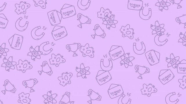 Seamless pattern of hand drawn science themed icons on a light purple background.