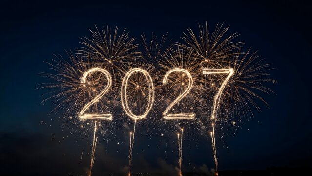 New Year 2027 fireworks celebration lighting the dark night sky, festive holiday atmosphere, countdown excitement, celebration, happiness, hope, prosperity, and fresh beginnings