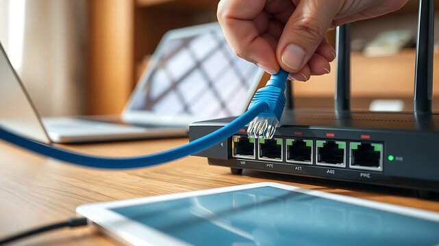 Person plugging a blue ethernet cable into a black network router on a wooden desk with a laptop and tablet in the blurred background setting