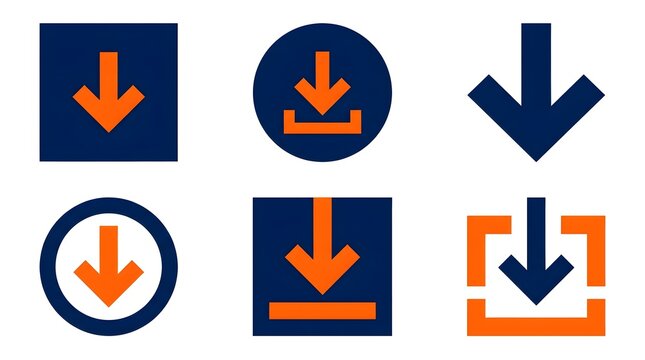 Collection of blue and orange download icons with various styles including arrows in squares and circles for user interface design