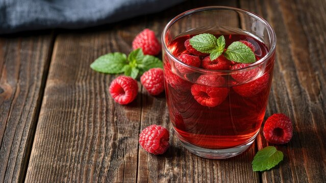 Fresh raspberry drink with mint in a glass on a wooden table. Healthy beverage or summer cocktail concept.
