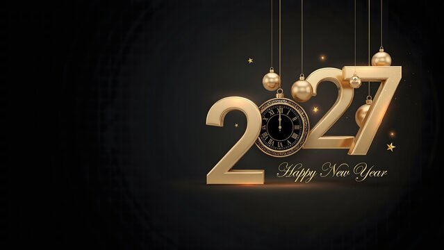 Happy New Year 2027 luxurious festive artwork showcasing golden hanging numbers clock centerpiece sparkling lights and dark background celebrating new beginnings prosperity and joy
